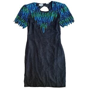 Vintage 90s Stenay Sequined Peacock Dress Women's 12 Black, Blue and Green